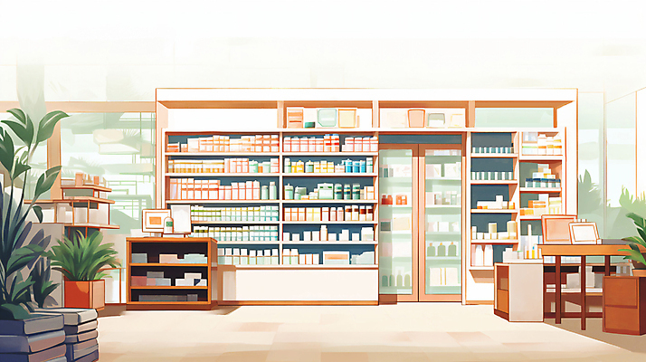 JPG 화분 일러스트 탁자 수채화 선반 사람없음 내부 건물 인테리어 약 모니터 약국 서랍장 상업시설 국내일러스트 AI일러스트 AI콘텐츠 건축물 디자인 가구 의학 컴퓨터 시설 상업 파일형식