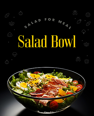 PSD 편집이미지 그릇 영어 포스터 채소 방울토마토 타이포그라피 사람없음 샐러드 신선 메뉴 베이컨 삶은계란 이미지편집 문자 식기 음식 토마토 돼지고기 계란 계란요리 파일형식