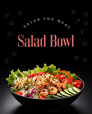 PSD 편집이미지 그릇 영어 포스터 채소 새우 타이포그라피 사람없음 샐러드 신선 소스 메뉴 이미지편집 문자 식기 음식 갑각류 양념 파일형식