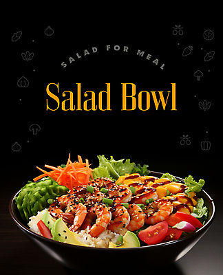 PSD 편집이미지 그릇 영어 포스터 채소 새우 타이포그라피 사람없음 샐러드 신선 소스 메뉴 이미지편집 문자 식기 음식 갑각류 양념 파일형식