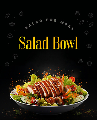 PSD 편집이미지 그릇 영어 포스터 채소 육류 타이포그라피 사람없음 샐러드 신선 소스 메뉴 이미지편집 문자 식기 음식 식재료 양념 파일형식