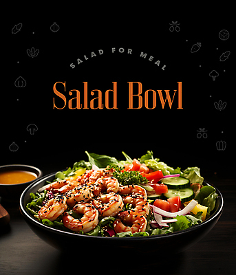 PSD 편집이미지 그릇 영어 포스터 채소 새우 타이포그라피 사람없음 샐러드 신선 메뉴 이미지편집 문자 식기 음식 갑각류 파일형식