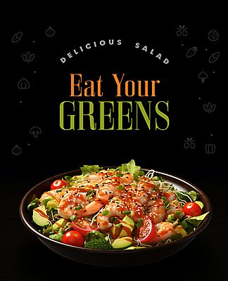 PSD 편집이미지 그릇 영어 포스터 채소 새우 타이포그라피 사람없음 샐러드 신선 소스 메뉴 이미지편집 문자 식기 음식 갑각류 양념 파일형식