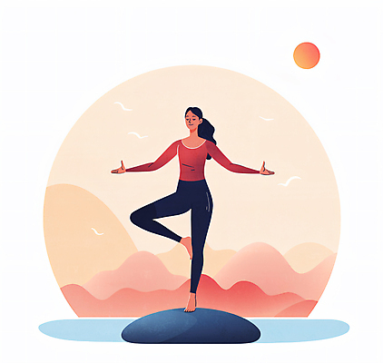 JPG 전신 구름 라이프스타일 여자 일러스트 요가 조류 팔벌리기 한명 서기 성인 태양 눈감음 요가자세 바위 명상 감성 한발서기 나무자세 성인여자한명만 차분 국내일러스트 AI일러스트 AI콘텐츠 자연요소 동물 1 웰빙 포즈 컨셉 모션 사람 생활 돌_바위 여자한명만 성인여자만 파일형식