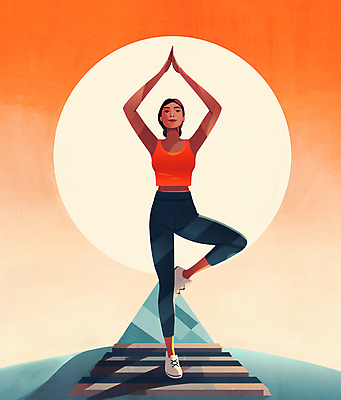 JPG 전신 라이프스타일 여자 길 일러스트 요가 산 한명 서기 성인 태양 주황색 요가자세 감성 손모으기 한발서기 나무자세 성인여자한명만 차분 국내일러스트 AI일러스트 AI콘텐츠 자연요소 1 웰빙 컬러 포즈 컨셉 모션 사람 손짓 생활 여자한명만 성인여자만 파일형식