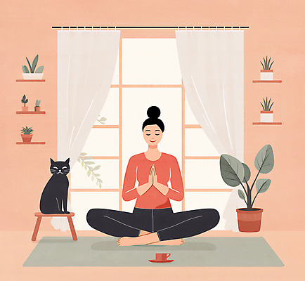 JPG 전신 한마리 라이프스타일 여자 화분 의자 일러스트 요가 창문 선반 한명 앉기 성인 눈감음 고양이 요가자세 매트 커튼 커피잔 명상 감성 손모으기 성인여자한명만 코랄 차분 국내일러스트 AI일러스트 AI콘텐츠 1 웰빙 커피 컬러 포즈 가구 컨셉 포유류 모션 잔 사람 손짓 생활 반려동물 여자한명만 성인여자만 파일형식