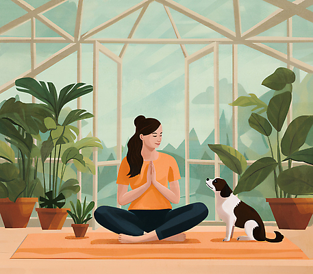 JPG 전신 한마리 라이프스타일 여자 화분 화초 일러스트 요가 창문 한명 앉기 성인 초록색 눈감음 요가자세 매트 강아지 명상 감성 손모으기 온실 성인여자한명만 차분 국내일러스트 AI일러스트 AI콘텐츠 식물 1 웰빙 컬러 포즈 컨셉 모션 사람 손짓 생활 반려동물 개 여자한명만 성인여자만 파일형식