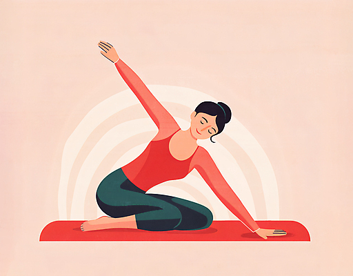 JPG 전신 라이프스타일 여자 분홍색 일러스트 요가 팔벌리기 한명 성인 손들기 눈감음 스트레칭 요가자세 매트 무릎꿇기 체조 감성 성인여자한명만 차분 국내일러스트 AI일러스트 AI콘텐츠 1 웰빙 컬러 포즈 컨셉 모션 사람 생활 운동 여자한명만 성인여자만 파일형식