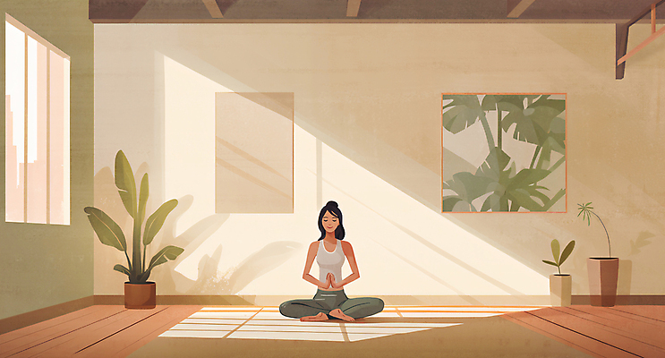 JPG 전신 라이프스타일 여자 화분 액자 일러스트 요가 창문 스튜디오 실내 한명 앉기 성인 햇빛 눈감음 공간 요가자세 명상 감성 손모으기 성인여자한명만 차분 국내일러스트 AI일러스트 AI콘텐츠 1 웰빙 포즈 컨셉 모션 사람 손짓 내부 생활 태양 여자한명만 성인여자만 파일형식