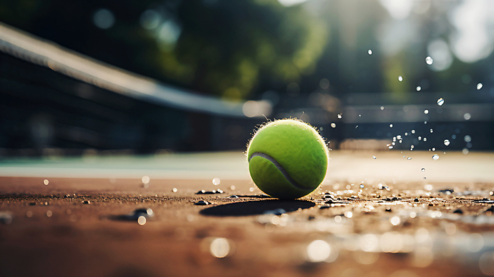 JPG 편집이미지 사람없음 야외 반짝임 물방울 테니스장 테니스공 편집실사 AI포토 AI콘텐츠 공 스포츠시설 모션 테니스용품 CG 파일형식