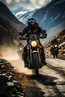 JPG 전신 구름 편집이미지 여행 하늘 산 성인 세명 바이크 운전 헬멧 디지털합성 비포장도로 성인만 편집실사 AI인물포토 AI콘텐츠 자연요소 도로 육상교통 모션 사람 보호장비 CG 파일형식 AI포토