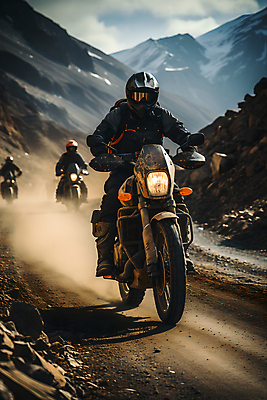 JPG 전신 구름 편집이미지 여행 하늘 산 성인 세명 바이크 운전 헬멧 디지털합성 비포장도로 성인만 편집실사 AI인물포토 AI콘텐츠 자연요소 도로 육상교통 모션 사람 보호장비 CG 파일형식 AI포토