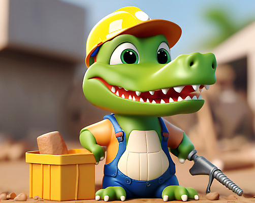 JPG 편집이미지 캐릭터 동물캐릭터 공사 들기 안전 사람없음 상자 건설현장 공구 보호 안전모 안전장비 디지털합성 악어 블러효과 편집실사 AI컴퓨터그래픽 AI콘텐츠 동물 컨셉 파충류 모션 건설업 장비 도구 헬멧 CG 블러 파일형식 효과