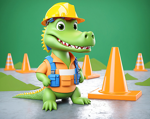 JPG 편집이미지 캐릭터 동물캐릭터 공사 안전 사람없음 초록색 건설현장 보호 안전모 안전장비 디지털합성 악어 칼라콘 편집실사 AI컴퓨터그래픽 AI콘텐츠 동물 컬러 컨셉 파충류 건설업 장비 헬멧 CG 파일형식