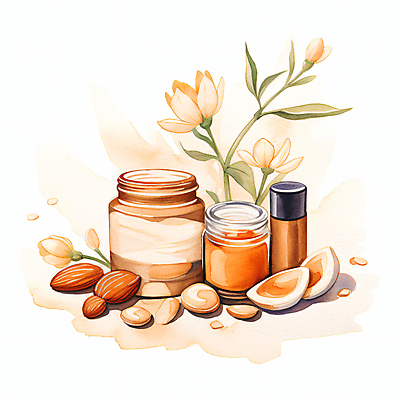 JPG 꽃 일러스트 수채화 사람없음 뷰티 갈색 화장품 견과류 크림 땅콩 아몬드 공병 마카다미아 비건 국내일러스트 AI일러스트 AI콘텐츠 식물 컬러 채식주의자 병_담는 파일형식