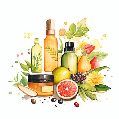 JPG 꽃 일러스트 딸기 나뭇잎 수채화 귤 사람없음 뷰티 화장품 다양 견과류 자몽 스킨 모과 로션 공병 비건 국내일러스트 AI일러스트 AI콘텐츠 식물 다수 잎 과일 채식주의자 병_담는 파일형식