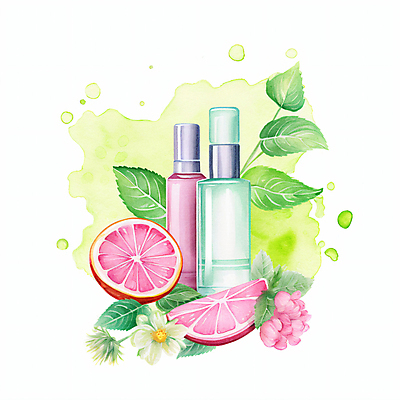 JPG 꽃 분홍색 일러스트 나뭇잎 수채화 사람없음 초록색 뷰티 화장품 자몽 스킨 로션 공병 비건 국내일러스트 AI일러스트 AI콘텐츠 식물 컬러 잎 과일 채식주의자 병_담는 파일형식