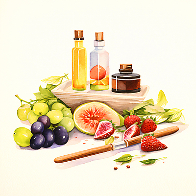 JPG 일러스트 딸기 포도 나뭇잎 수채화 사람없음 뷰티 화장품 청포도 무화과 공병 비건 국내일러스트 AI일러스트 AI콘텐츠 잎 과일 채식주의자 병_담는 파일형식