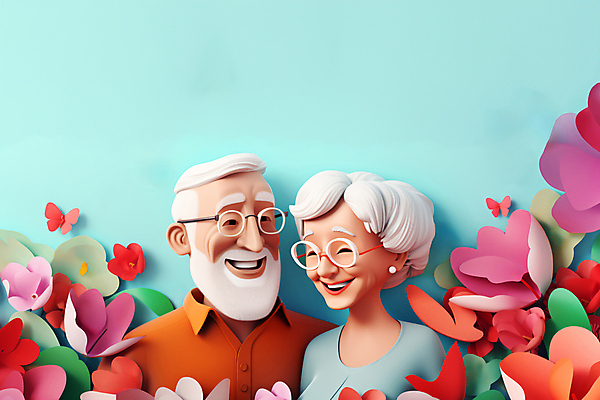 JPG 편집이미지 커플 여자 할아버지 노년 남자 꽃 행복 할머니 웃음 상반신 두명 실버라이프 노부부 실버 페이퍼아트 노인만 안경낌 이미지편집 편집실사 AI컴퓨터그래픽 AI콘텐츠 식물 라이프스타일 부부 감정 안경 관계 표정 사람 성인 CG 성인만 파일형식