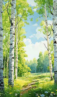 JPG 일러스트 풍경 사람없음 초록색 여름 여름풍경 숲 자작나무 국내일러스트 AI일러스트 AI콘텐츠 나무 계절 컬러 파일형식 여름_계절
