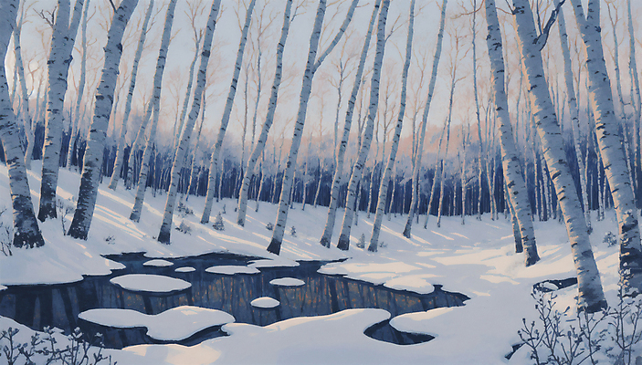 JPG 겨울 일러스트 풍경 사람없음 파란색 눈 연못 숲 자작나무 겨울풍경 눈덮임 국내일러스트 AI일러스트 AI콘텐츠 자연요소 나무 계절 컬러 컨셉 날씨 파일형식