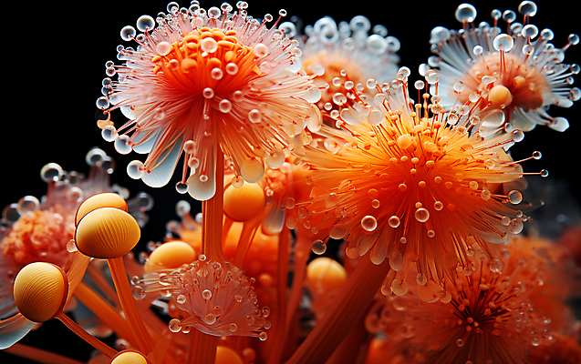 JPG 편집이미지 꽃 현미경 근접촬영 사람없음 주황색 물방울 확대 디지털합성 수분_꽃가루 편집실사 AI컴퓨터그래픽 AI콘텐츠 식물 뷰포인트 컬러 실험기구 CG 파일형식