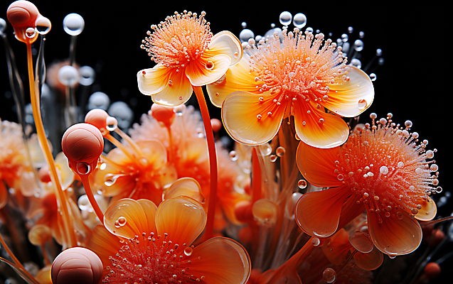 JPG 편집이미지 꽃 현미경 근접촬영 사람없음 주황색 물방울 확대 디지털합성 수분_꽃가루 편집실사 AI컴퓨터그래픽 AI콘텐츠 식물 뷰포인트 컬러 실험기구 CG 파일형식