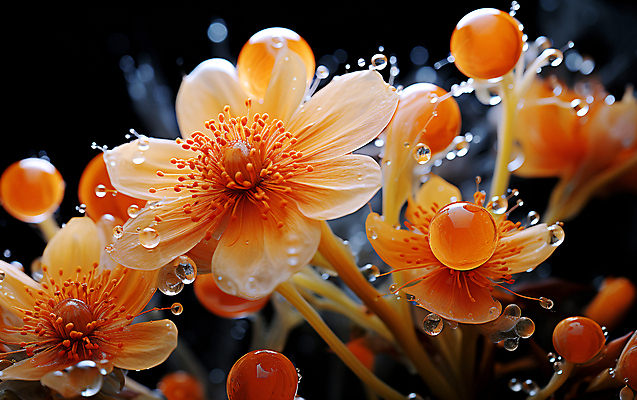 JPG 편집이미지 꽃 현미경 근접촬영 사람없음 주황색 물방울 확대 디지털합성 수분_꽃가루 편집실사 AI컴퓨터그래픽 AI콘텐츠 식물 뷰포인트 컬러 실험기구 CG 파일형식