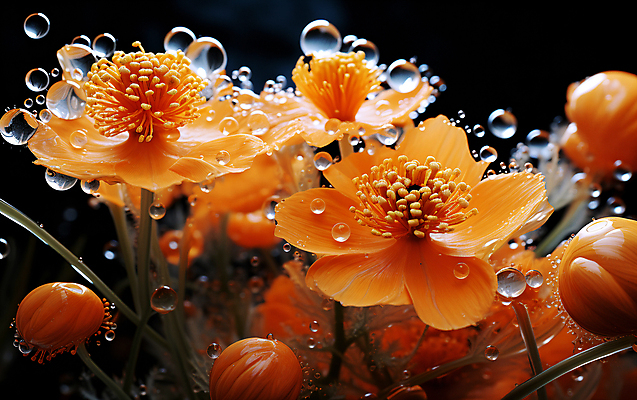 JPG 편집이미지 꽃 현미경 근접촬영 사람없음 주황색 물방울 확대 디지털합성 수분_꽃가루 편집실사 AI컴퓨터그래픽 AI콘텐츠 식물 뷰포인트 컬러 실험기구 CG 파일형식