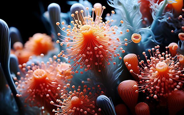 JPG 편집이미지 꽃 현미경 근접촬영 사람없음 주황색 확대 디지털합성 수분_꽃가루 편집실사 AI컴퓨터그래픽 AI콘텐츠 식물 뷰포인트 컬러 실험기구 CG 파일형식