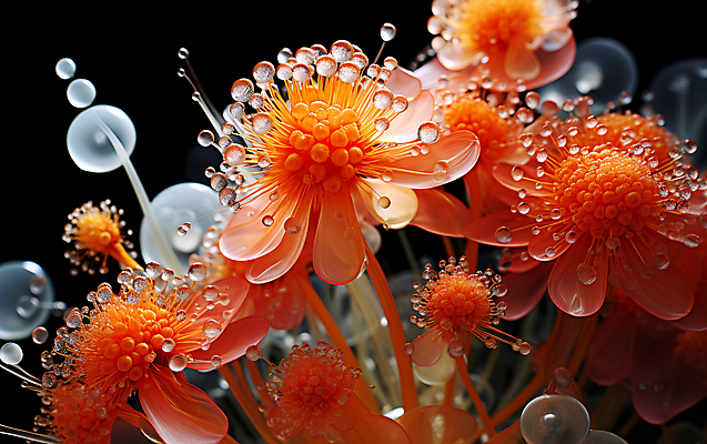 JPG 편집이미지 꽃 현미경 근접촬영 사람없음 주황색 물방울 확대 디지털합성 수분_꽃가루 편집실사 AI컴퓨터그래픽 AI콘텐츠 식물 뷰포인트 컬러 실험기구 CG 파일형식