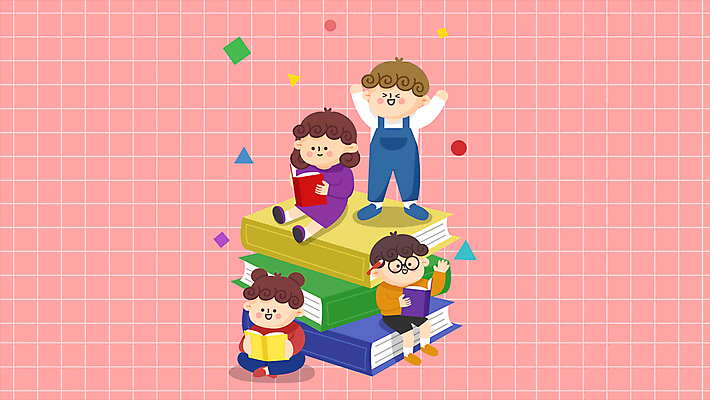 전신 여자 남자 어린이 분홍색 서기 들기 사람 앉기 소녀 소년 여러명 책 독서 만세 책더미 어린이만 모션그래픽 MP4 MOV 컬러 다수 모션 동영상 무더기 파일형식