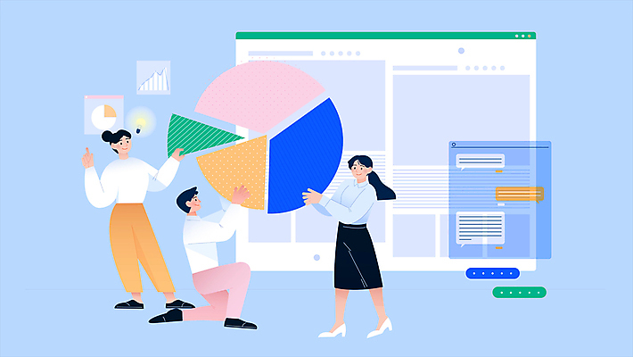 전신 여자 남자 하늘색 말풍선 비즈니스 전구 그래프 협력 서기 들기 사람 앉기 성인 세명 비즈니스맨 비즈니스우먼 무릎꿇기 원그래프 인터넷창 채팅 성인만 모션그래픽 MP4 MOV 인터넷 모션 파란색 직장인 동영상 파일형식