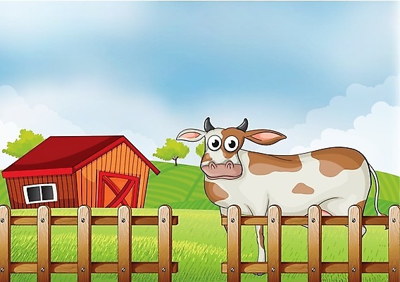 EPS 해외이미지 나무 식물 동물 구름 잎 밭 채소 일러스트 자연 하늘 사람없음 야외 파란색 농작물 울타리 농장 농경지 흰색 소 농부 오두막 그림 외양간 밭일 해외202004 해외일러스트 자연요소 직업 컬러 농업 포유류 담장 생태계 파일형식 벡터