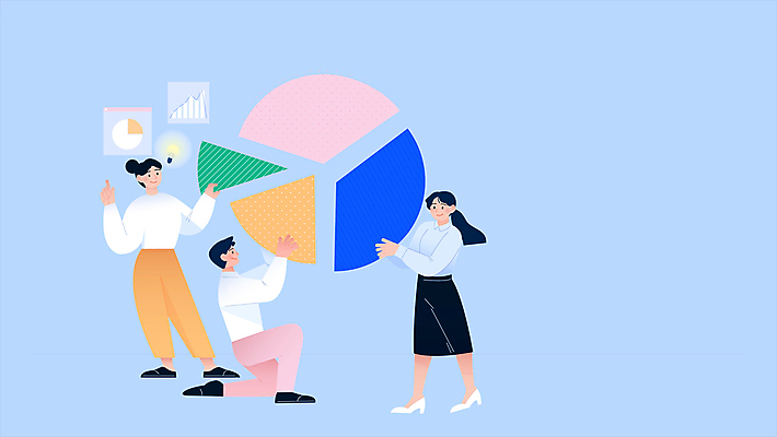 전신 여자 남자 하늘색 말풍선 비즈니스 전구 그래프 협력 서기 들기 사람 앉기 성인 세명 비즈니스맨 비즈니스우먼 무릎꿇기 원그래프 성인만 모션그래픽 MP4 MOV 모션 파란색 직장인 동영상 파일형식