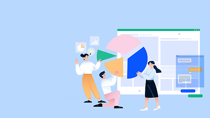 전신 여자 남자 하늘색 말풍선 비즈니스 전구 그래프 협력 서기 들기 사람 앉기 성인 세명 비즈니스맨 비즈니스우먼 무릎꿇기 원그래프 인터넷창 채팅 성인만 모션그래픽 MP4 MOV 인터넷 모션 파란색 직장인 동영상 파일형식