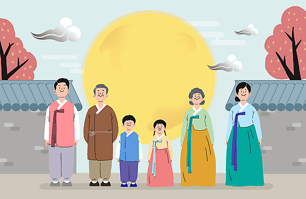 전신 PSD 구름 한국전통 여자 명절 할아버지 노년 남자 할머니 어린이 일러스트 단풍나무 대가족 서기 웃음 소녀 소년 여러명 성인 설날 추석 보름달 시골 한복 뒷짐 고향 기와담장 국내일러스트 자연요소 나무 전통 기념일 다수 단풍 가족 모션 한국 표정 기와 사람 담장 달 전통의상 파일형식