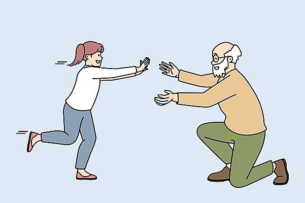 EPS 해외이미지 전신 여자 할아버지 노년 남자 안경 어린이 일러스트 손녀 사랑 두명 달리기 무릎꿇기 손뻗기 반가움 해외일러스트 잡화 감정 모션 사람 성인 손주 파일형식 벡터