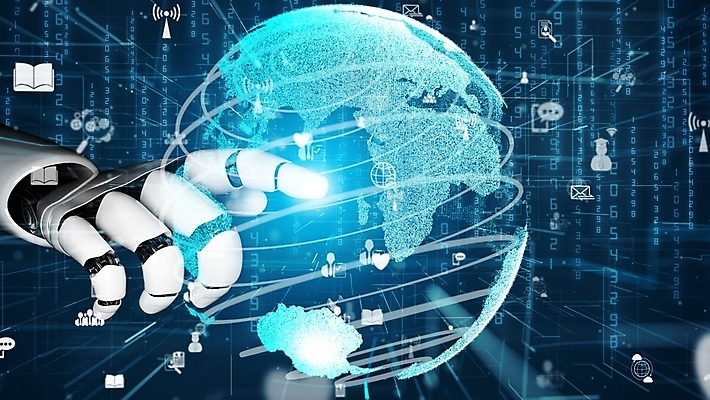 JPG 해외이미지 손 미래 기술 신체부위 파란색 지구본 3D 디지털 터치 가리킴 네트워크 로봇 해외202309 해외포토 포토 컬러 컨셉 사람 손짓 디지털합성 파일형식