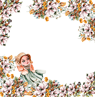 JPG 해외이미지 전신 여자 꽃 어린이 잎 일러스트 프레임 한명 사각형 화려 소녀한명만 해외202309 해외일러스트 도형 식물 1 컨셉 사람 여자한명만 소녀만 파일형식