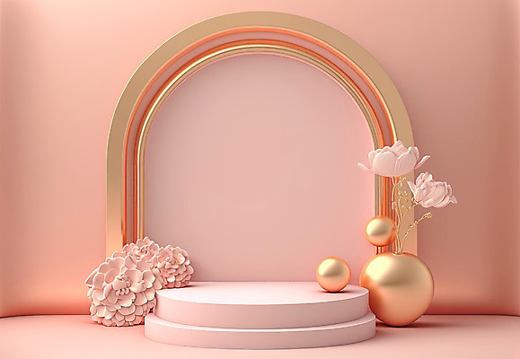 포토 JPG 해외이미지 꽃 분홍색 백그라운드 사람없음 3D 금색 원형 광택 단상 파스텔톤 포디움 해외202309 해외포토 도형 식물 컬러 무대 디지털합성 파일형식
