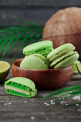 포토 JPG 해외이미지 접시 잎 사람없음 초록색 달콤 코코넛 마카롱 해외202309 해외포토 식물 식기 컬러 과일 디저트 맛 파일형식