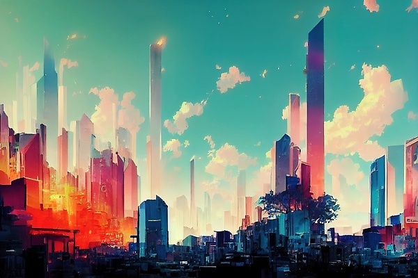 JPG 해외이미지 나무 일러스트 하늘 빌딩 사람없음 컬러풀 도시 분위기 해외202309 해외일러스트 식물 컬러 컨셉 건물 파일형식