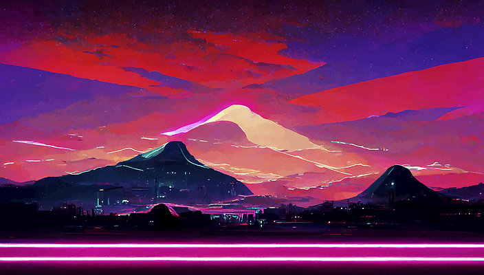 포토 JPG 해외이미지 하늘 산 사람없음 보라색 네온 사이버펑크 해외202309 해외포토 컬러 파일형식 SF