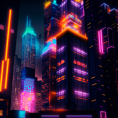 JPG 해외이미지 일러스트 미래 사람없음 건물 빛 고층빌딩 어둠 도시 도심 네온 스카이라인 빌딩숲 해외202309 해외일러스트 건축물 컨셉 빌딩 파일형식