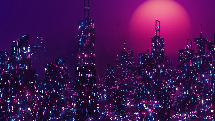 JPG 해외이미지 미래 빌딩 사람없음 건물 빛 3D 보라색 도시 사이버 네온 해외202309 해외포토 포토 건축물 컬러 컨셉 디지털합성 파일형식