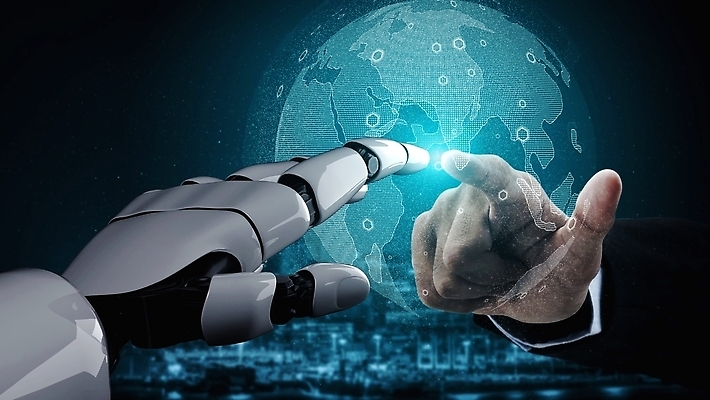 포토 해외이미지 손 비즈니스 미래 신체부위 파란색 지구본 스크린 기계 터치 가리킴 도시 로봇 AI_인공지능 해외202309 해외포토 AI파일 컬러 컨셉 사람 손짓 파일형식 벡터