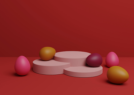 포토 JPG 해외이미지 모양 템플릿 디자인 백그라운드 일러스트 실내 서기 사람없음 빨간색 3D 우주 공백 무대 발표 상품 전시회 진열장 부활절계란 만들기 심플 장면 기하학 단상 구성 지휘대 미니멀 비어있는 해외202309 해외일러스트 컬러 무늬 모션 부활절 내부 계란 전시 디지털합성 파일형식