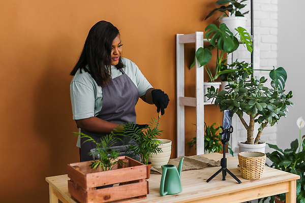 포토 JPG 해외이미지 여자 화분 흑인 한명 손짓 상반신 성인 앞모습 스마트폰 책상 원예 원예식물 삼각대 원예용품 플로리스트 성인여자한명만 인터넷방송 1인미디어 홈가드닝 해외202309 해외포토 서양인 식물 직업 1 뷰포인트 가구 생활용품 모션 사람 취미 핸드폰 스마트기기 방송 여자한명만 성인여자만 파일형식