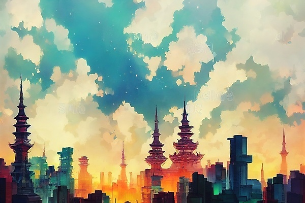 JPG 해외이미지 일러스트 하늘 추상 사람없음 건물 도시 카툰스타일 해외202309 해외일러스트 건축물 무늬 파일형식